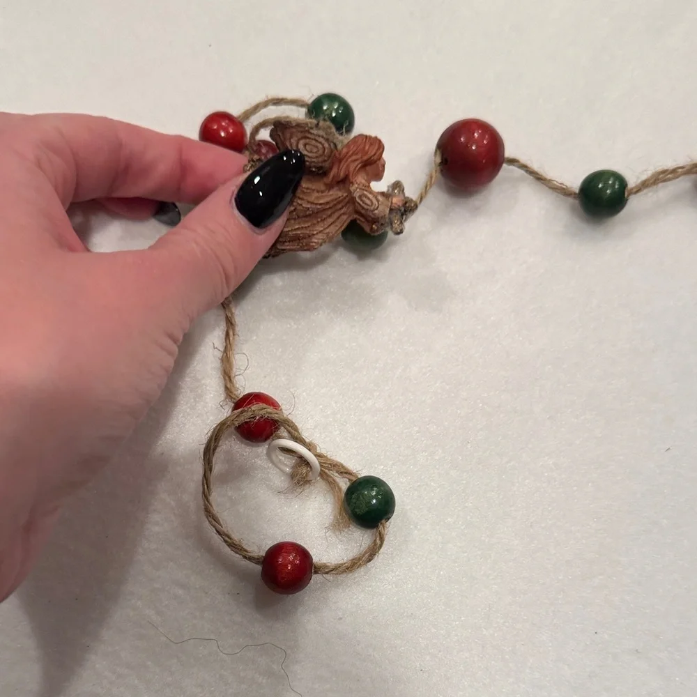 Vintage Red and Green Beaded Garland with Wooden Figures